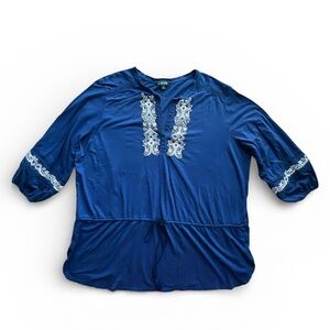 Lauren Ralph Lauren Blue embroidered 100% cotton peasant split V-neck Top Sz 3X